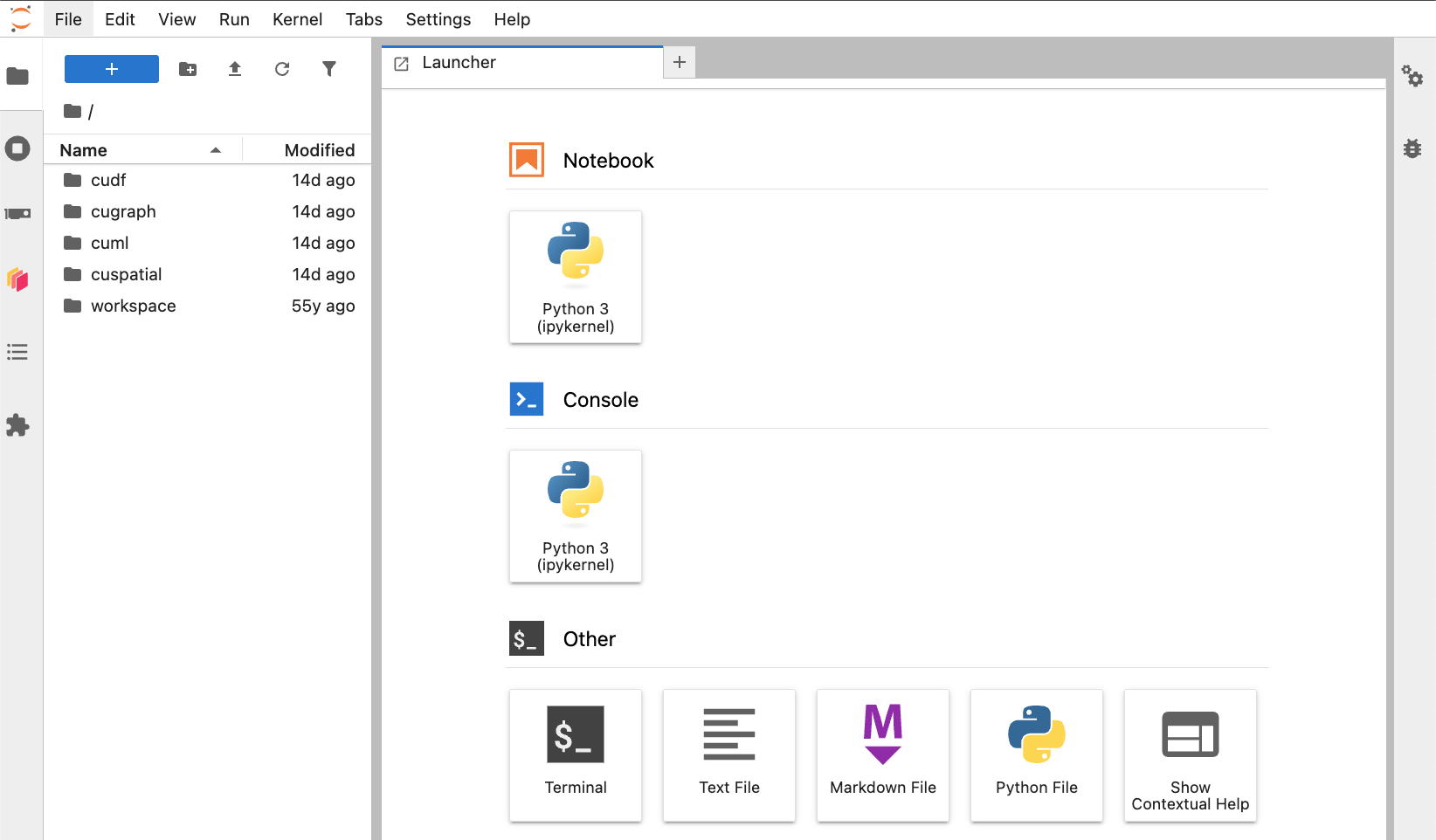 Screenshot of Jupyter Lab with rapids example notebooks directories.